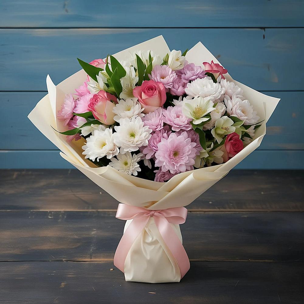 Букет Розовое очарование в Чегеме Букет цветов из: Хризантемы, Альстромерии и Розы в Чегеме
